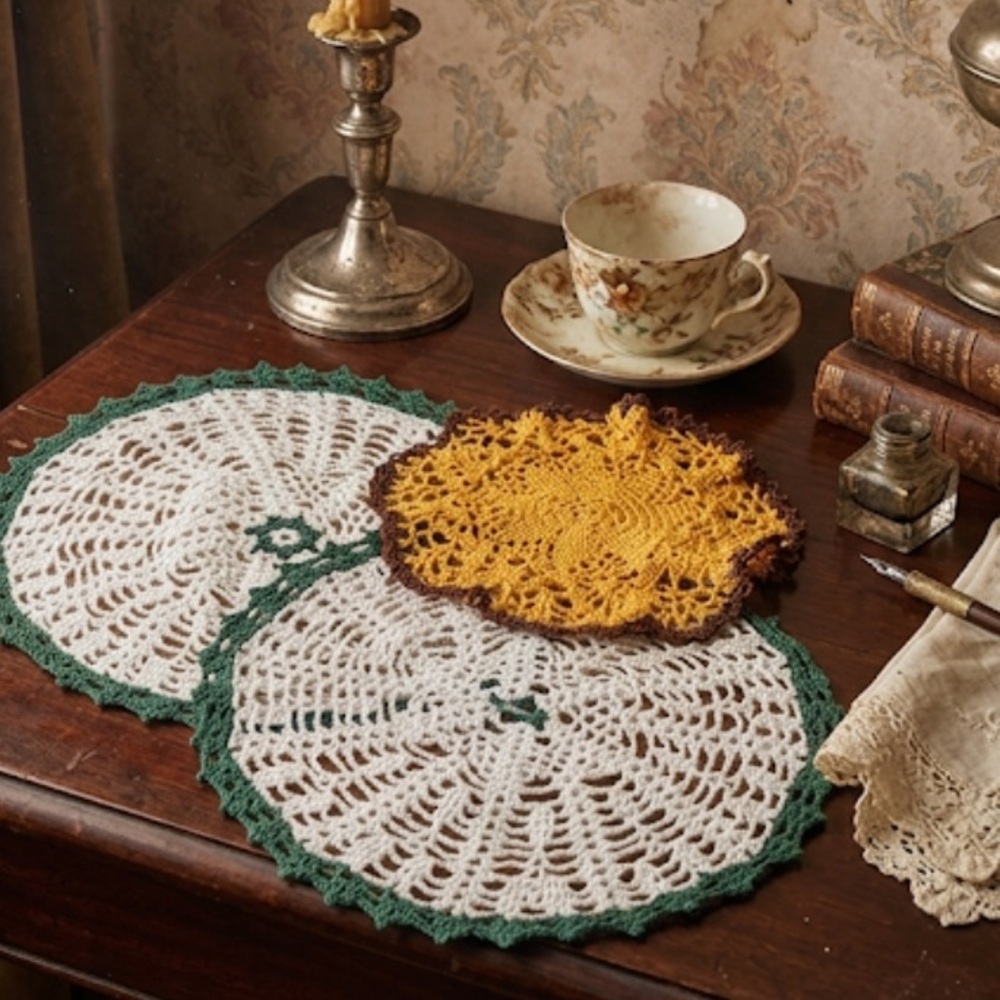 Handmade Crochet Doilies in White, Green & Orange-Granny Chic-Set of three